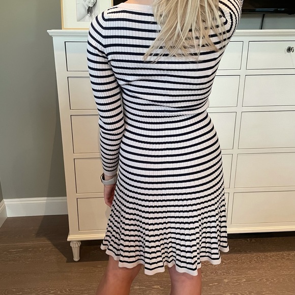 REBECCA TAYLOR white and black knit striped long sleeve knee length midi dress - Picture 3 of 8